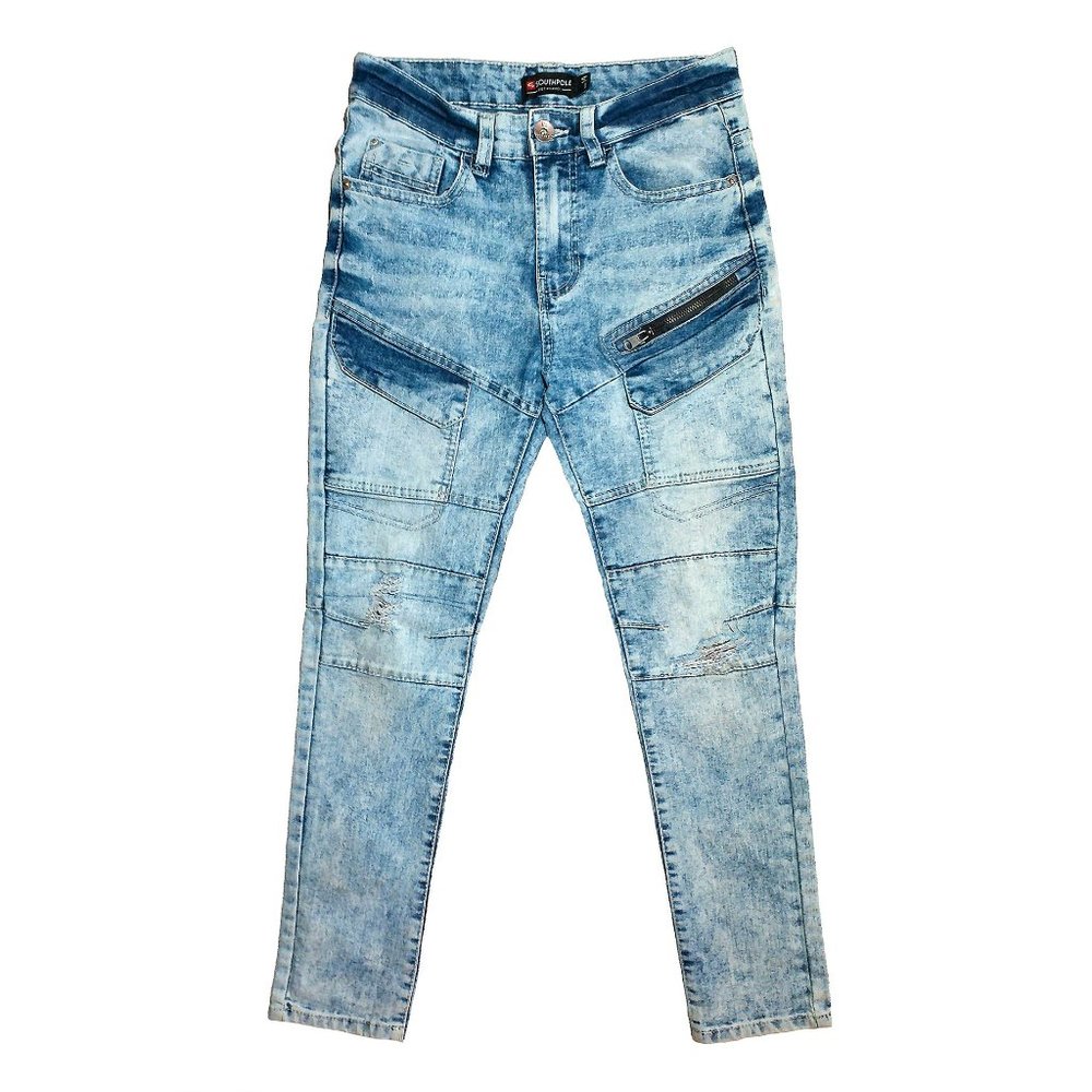 Boy's Southpole Acid Wash Distressed Stretchy Moto Fashion Jeans 7 Pockets Sz 14